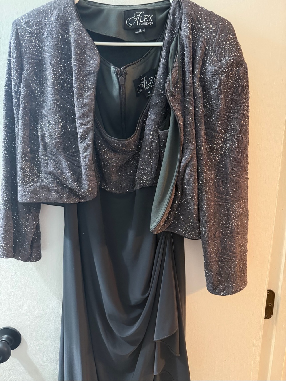 Alex Evenings Black Draped Evening Dress with Sparkling Jacket